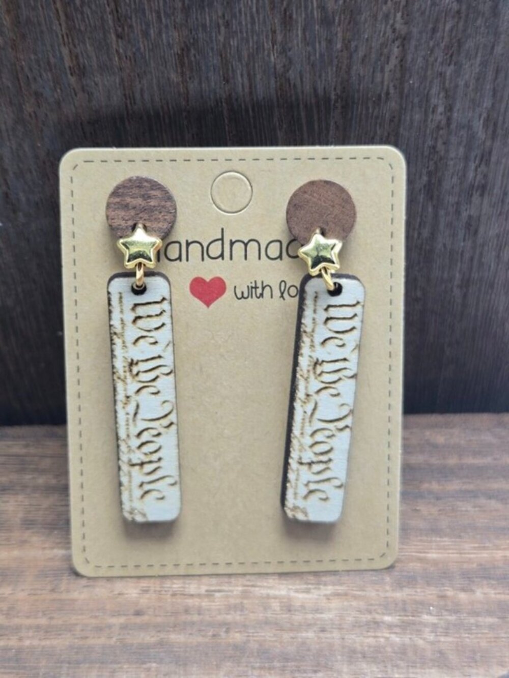 NWT We the People Constitution Earrings USA Patriotic Wood Stars Dangle OOAK